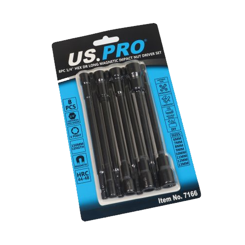 US PRO 8pc 1/4″ Hex DR Long Impact Nut Driver Set Metric 7166 DSD TOOLS